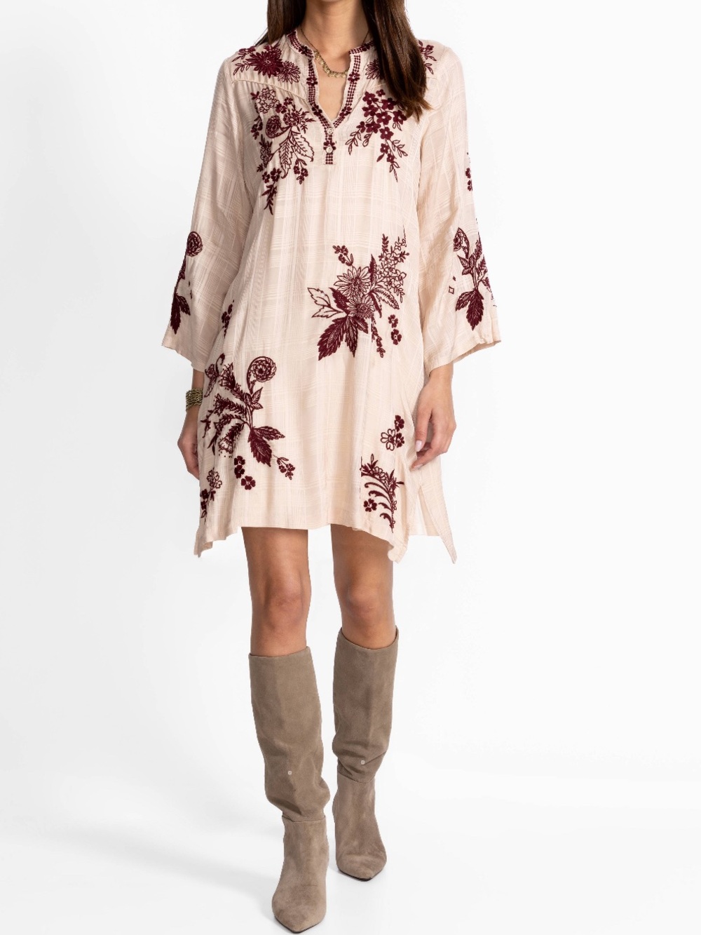 Johnny Was WESTERN PIPED YOKE Bohemian DRESS Blush/ Burgundy Color Size Small